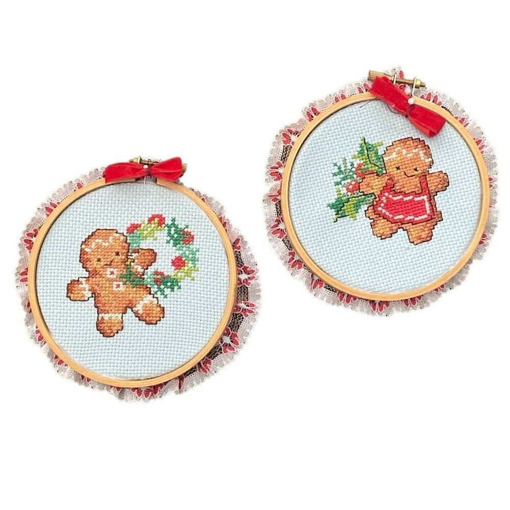 2 VINTAGE Completed Cross Stitch Holiday Christmas Wood Frame gingerbread people
